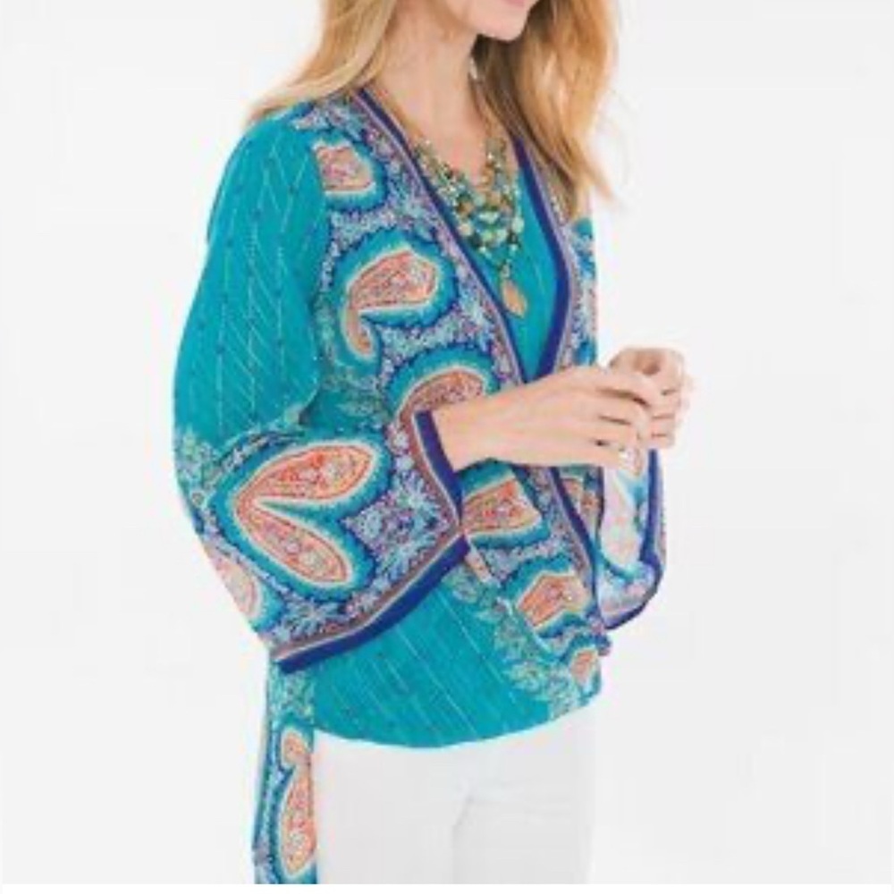 Chicos Size 0 Small Kimono Sleeve Blouson Turquoise Paisley Chiffon Blouse New